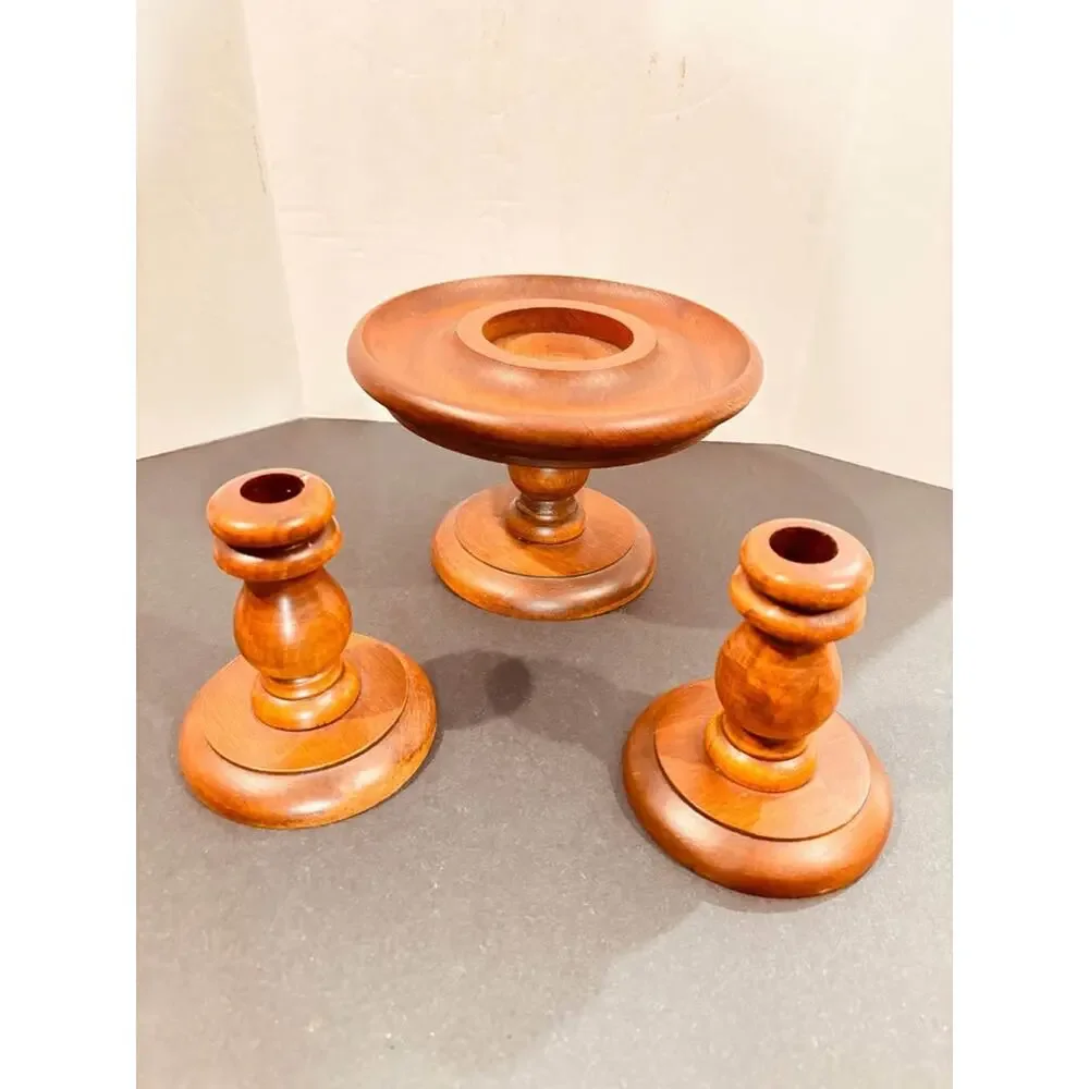 Vintage 3-Piece Turned Wood Candle Holder Set – Taper and pedestal